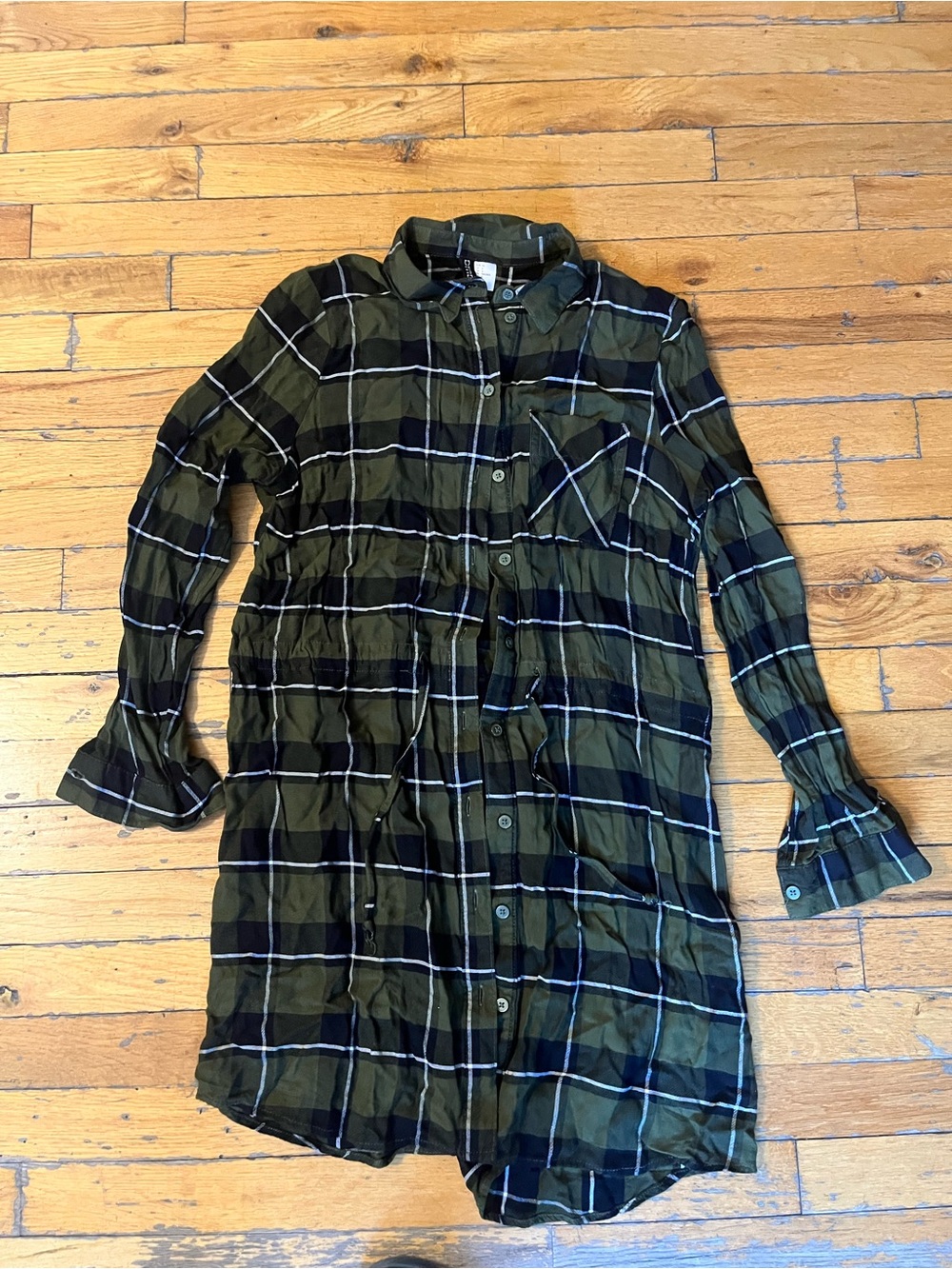 Divided Olive Green and Black Plaid Button-Down Shirt Dress